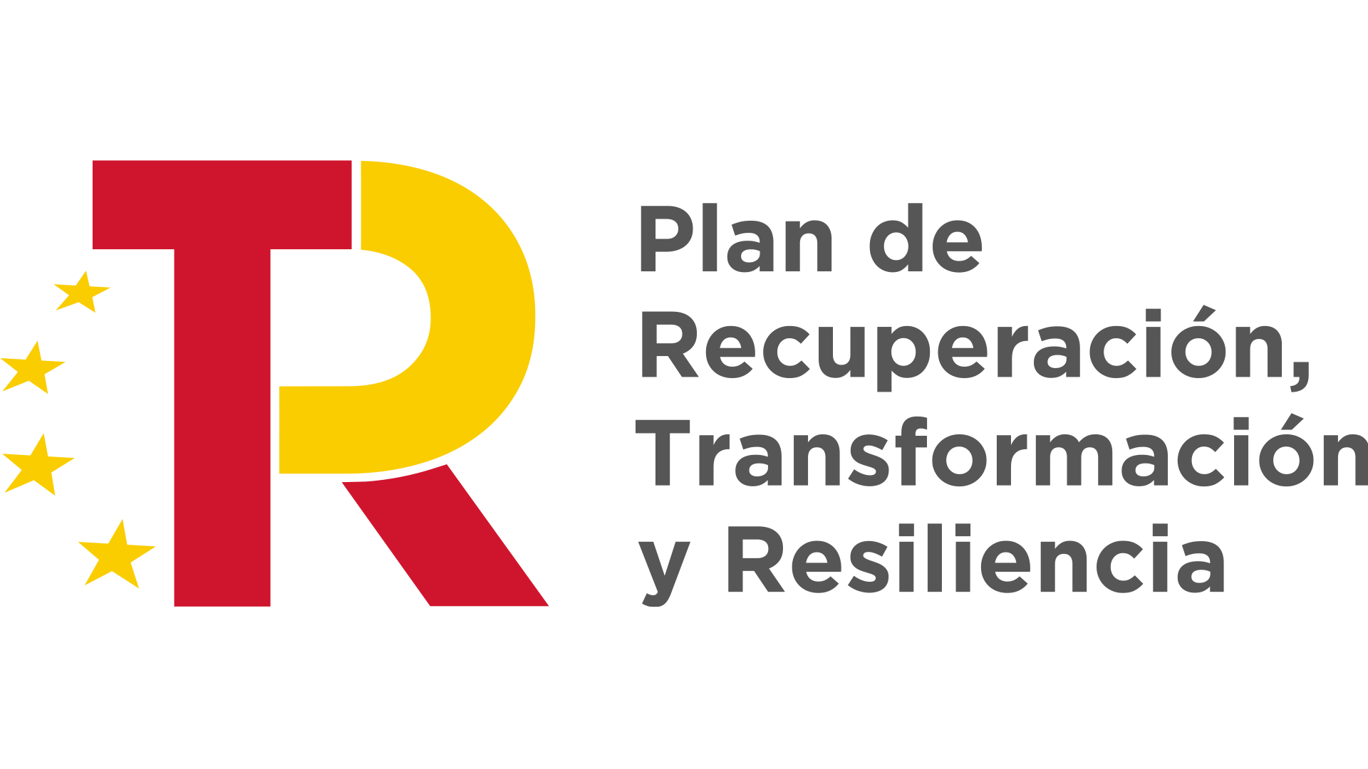 Logo del Plan de Recuperación, Transformación y Resiliencia de España con estrellas amarillas sobre fondo negro.